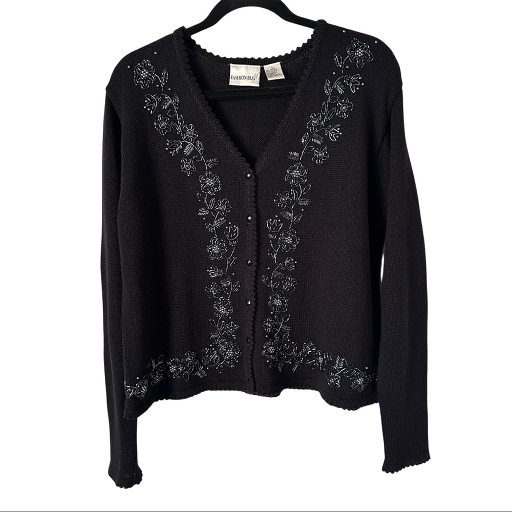 Fashion Bug‎ Y2K Bead Embroidered Cardigan L Front Button Scallop Preppy Cottage